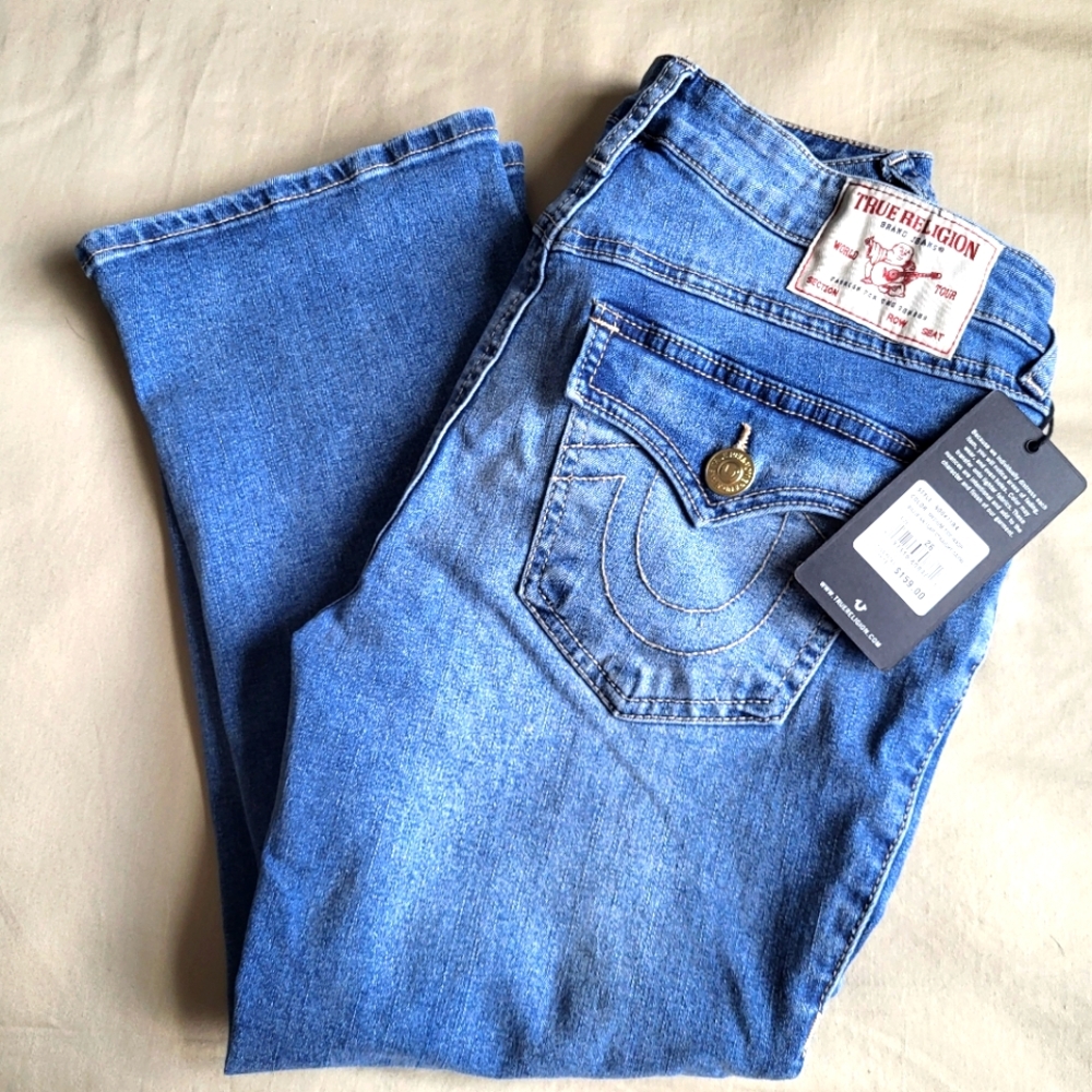 True Religion Women's Blue Billie SN Flap Straight Jeans Capri Size 26
